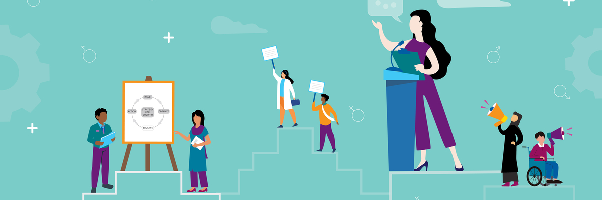 Illustration zweier Personen, die einen Vortrag zu Strategien von Gewerkschaften halten und zwei Personen, die mit Plakaten demonstrieren. 