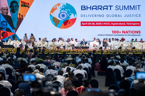 Panellists and participants in the audience at the Bharat Summit of the Progressive Alliance in Hyderabad.